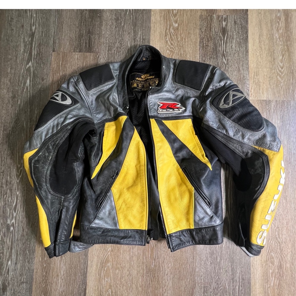 AGV Sport Suzuki GSX-R Motorcycle Jacket Mens 42 Black Yellow Leather Racing